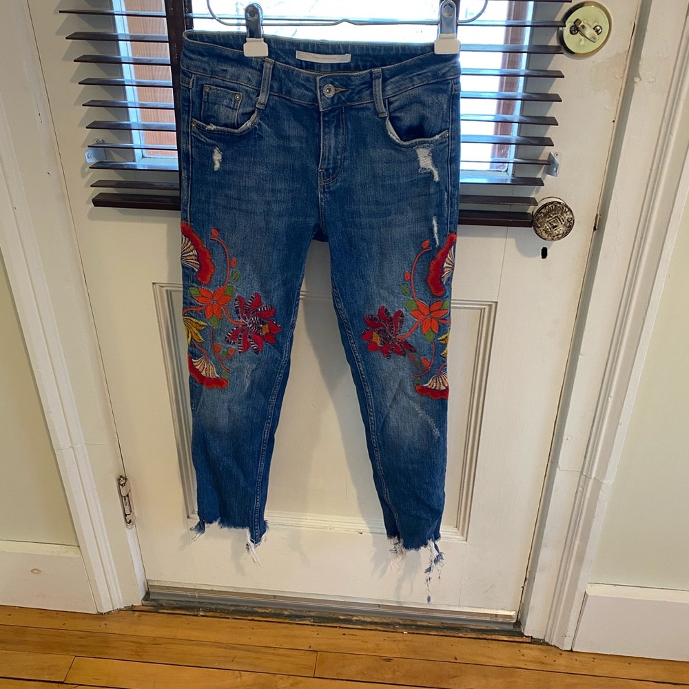 Zara floral embroidered jeans